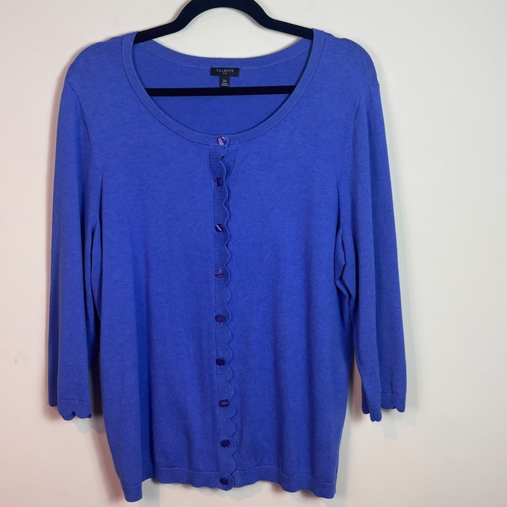 Talbots Womens Blue Cotton 3/4 Sleeve Stretch Scalloped Hem Cardigan 2X Classic